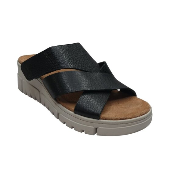 Vionic Uptown Sunset Black Leather Open Toe Wedge Heel Slide Sandals Womens 7 - Picture 1 of 13